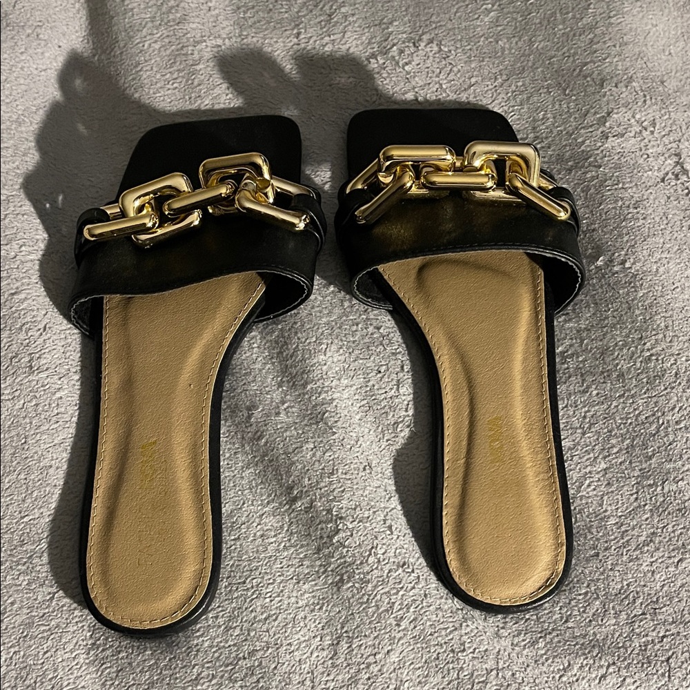 Fashion Nova Black Sandals with Gold Chain Accent Flat Sides & Square Toe